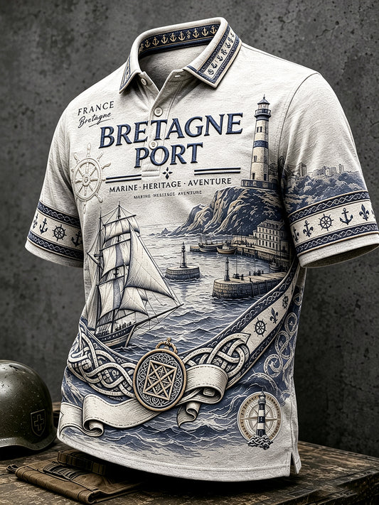 Polo décontracté vintage à imprimé nautique de style breton blanc pour homme