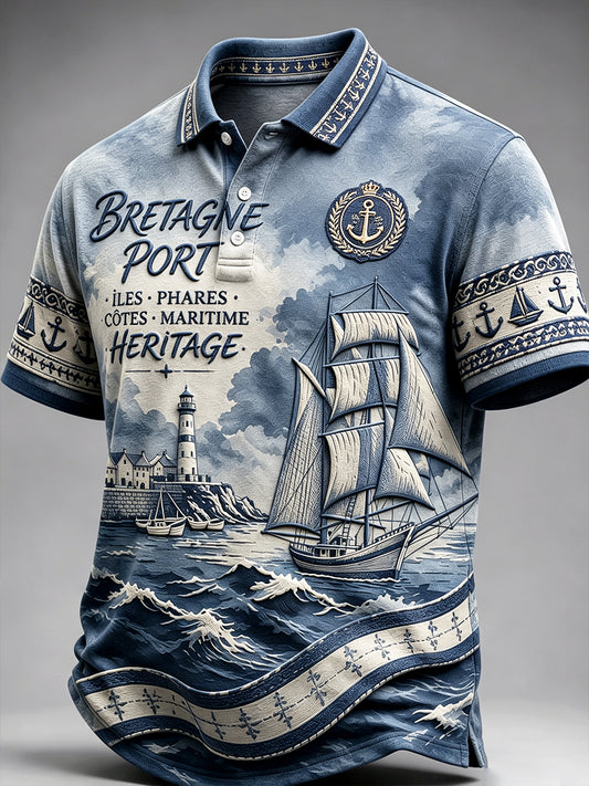 Polo décontracté à imprimé vintage bleu français Brittany Harbour pour homme