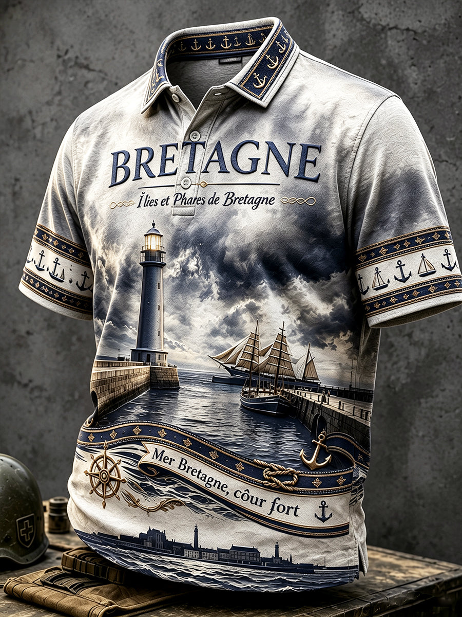 Polo décontracté à imprimé nautique Bretagne française vintage pour hommes