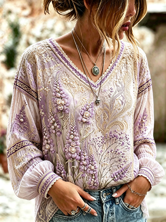 Retro Purple Lavande Festival Imprimer Cool Summer Cotton-lin V-Neck T-Shirt des femmes