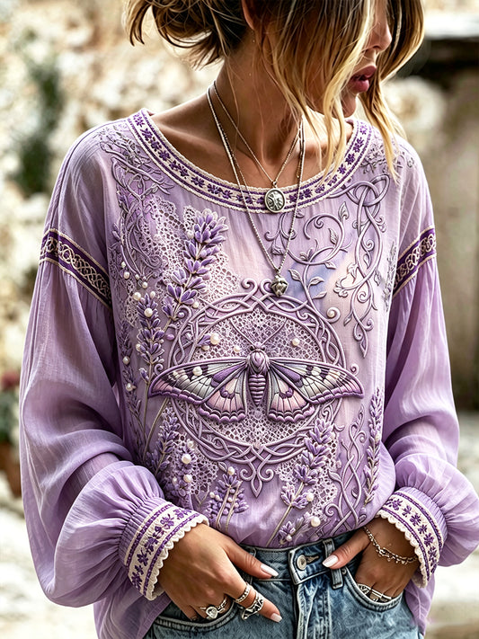 Femmes Rétro Violet Lavande Papillon Imprimer Cool D'été Coton-Lin T-shirt