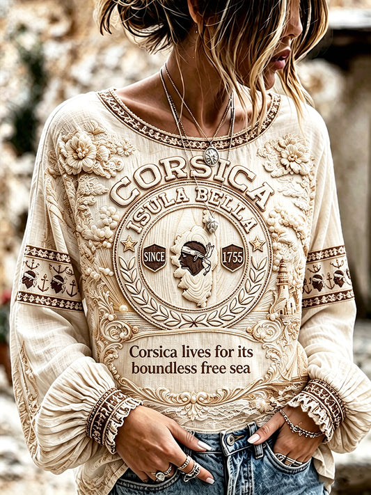 Tee-shirt Femme Coton-Lin Décontracté Français-Corse Imprimé Vintage