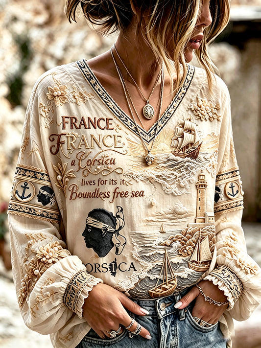 T-shirt à col en V en coton et lin d'été pour femme, élégant et cool, imprimé nautique corse français
