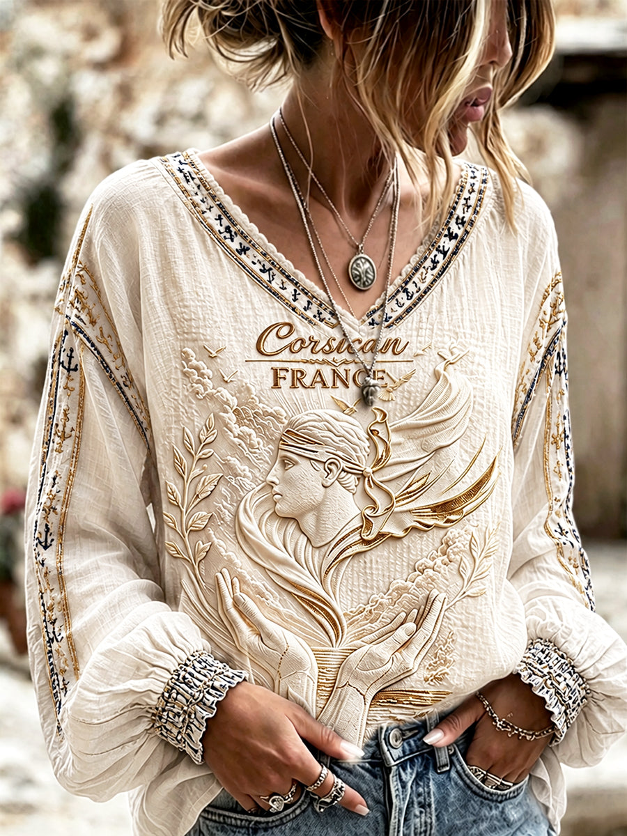 Tee-shirt Femme Blanc Cassé Imprimé Français Corse Élégant Décontracté En Coton-Lin