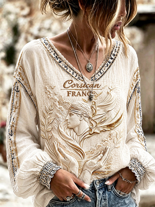 Tee-shirt Femme Blanc Cassé Imprimé Français Corse Élégant Décontracté En Coton-Lin
