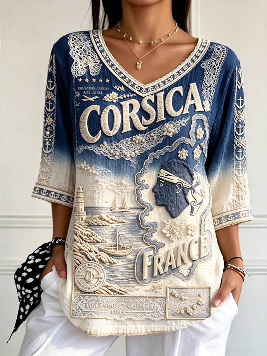 T-shirt Femme Français-Corse Dégradé Imprimé Été En Coton-Lin Col En V