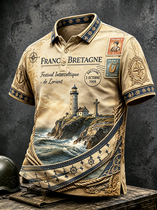 Français Lorient Celtic Festival Lighthouse Print Polo Vintage décontracté pour hommes