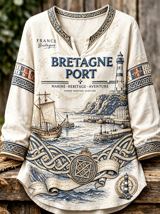 T-shirt femme en coton-lin léger à manches longues, col en V, imprimé marin breton français