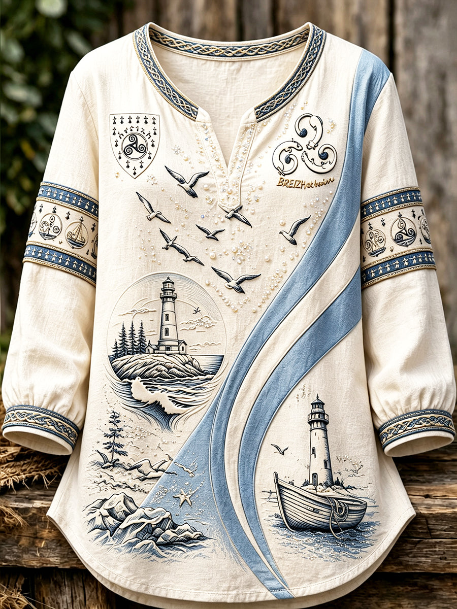 T-shirt femme beige à col en V, en coton-lin léger, à manches longues, imprimé Bretagne française