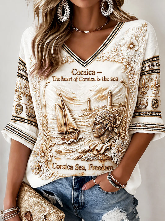 T-shirt décontracté à col en V pour homme, imprimé gaufré français corse