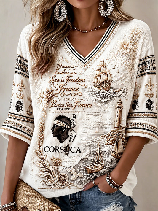 T-shirt décontracté à col en V pour homme, imprimé vintage corse français