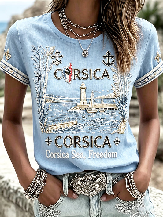 T-shirt décontracté pour homme, imprimé Fête du phare corse, style français
