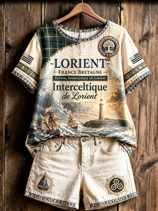 T-shirt léger en coton-lin pour femme, imprimé patchwork, motif du festival celte de Lorient, France