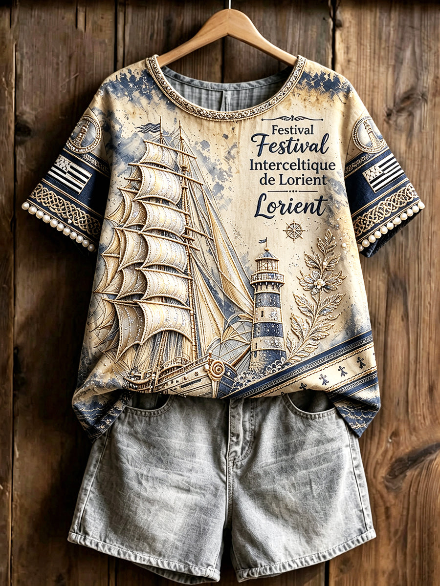 T-shirt femme en coton-lin léger, imprimé nautique, Festival celte de Lorient, France