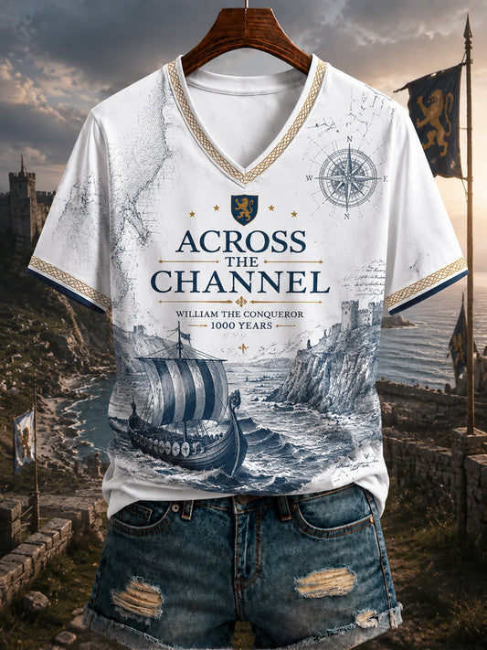 T-shirt femme à col en V imprimé Normandie, France