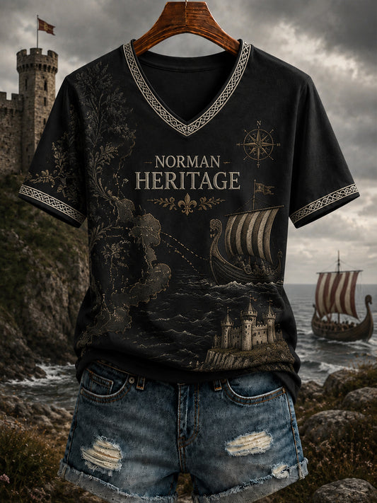T-shirt femme à col en V imprimé Normandie, France