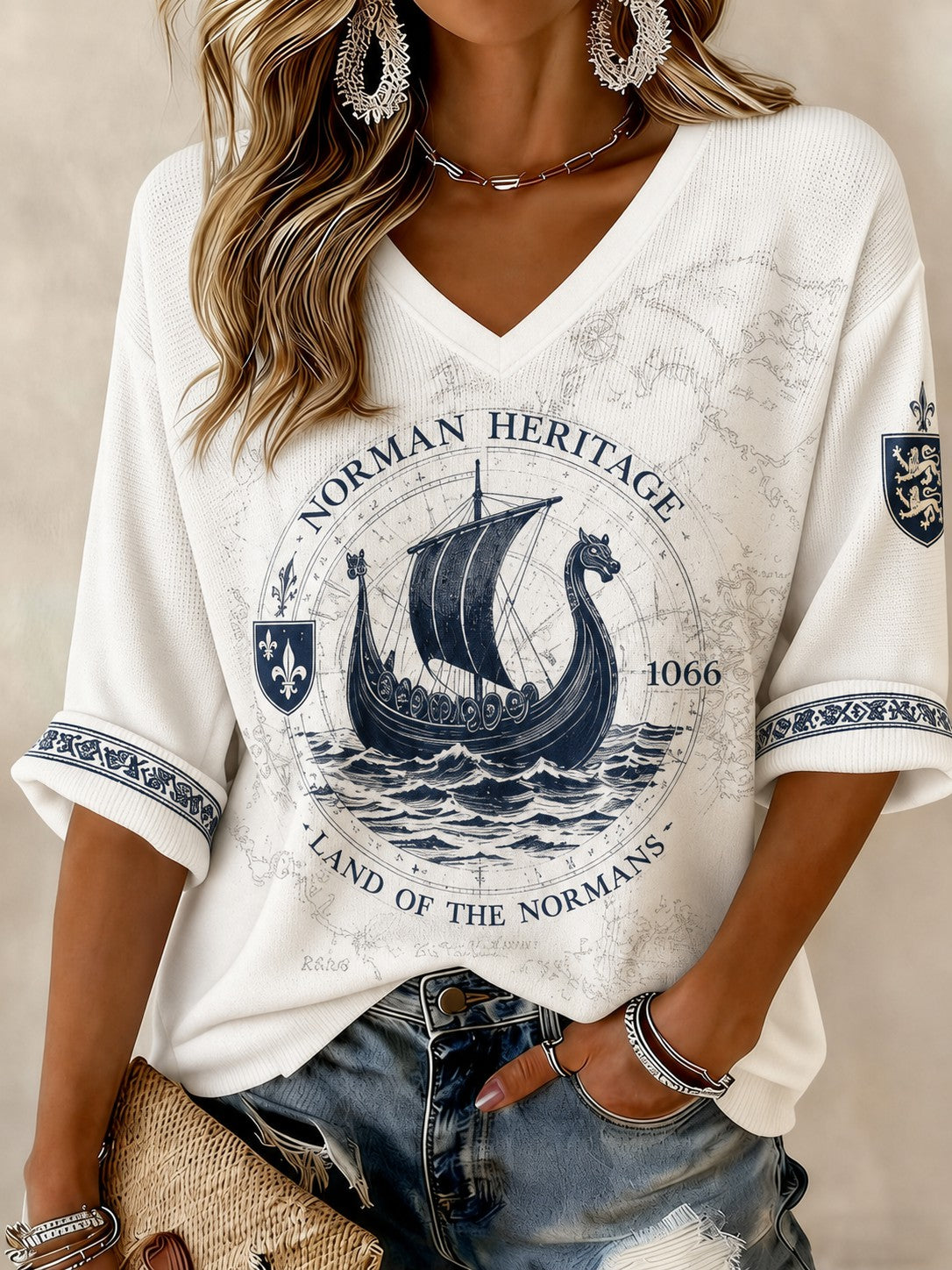 T-shirt femme manches mi-longues imprimé France Normandie à col en V