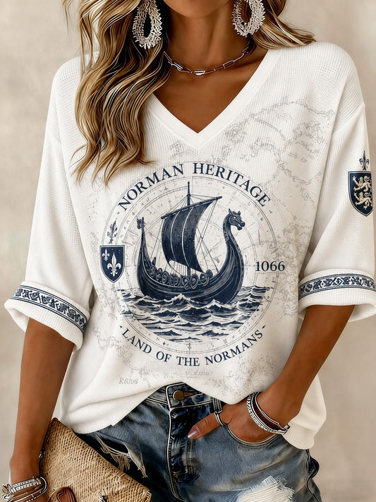 T-shirt femme manches mi-longues imprimé France Normandie à col en V
