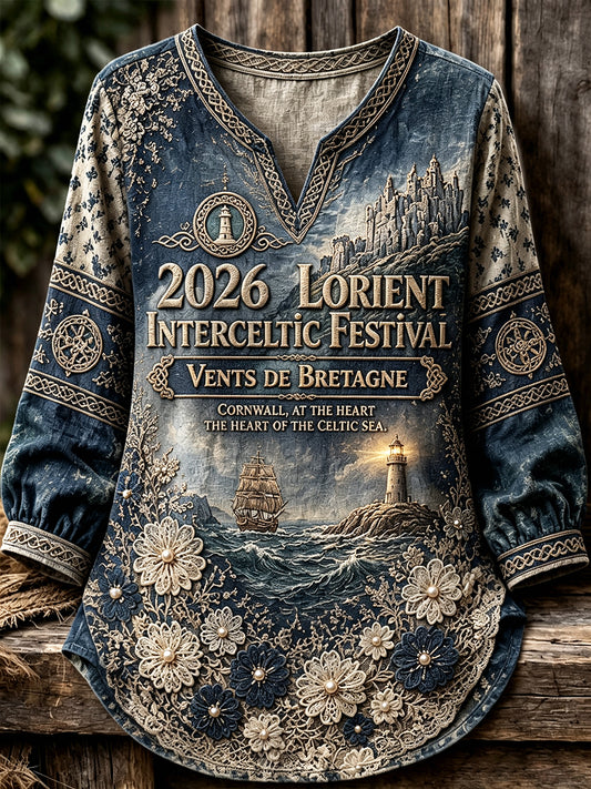 Haut maximaliste en coton-lin, imprimé Festival celte de Lorient, pour femme