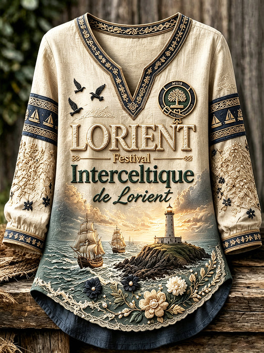 Haut rétro pour femme en coton-lin léger, à imprimé celte de Lorient, style maximaliste