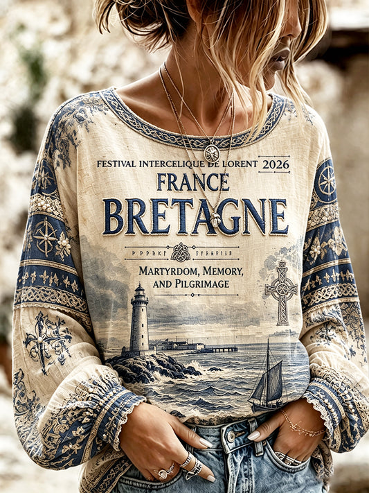 Haut léger en coton-lin pour femme, imprimé rétro français Lorient et motifs celtes pour festival