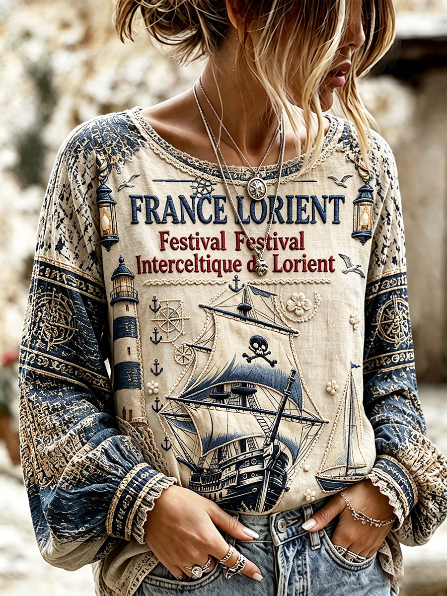 T-shirt léger en coton-lin, à protection solaire, imprimé du Festival celtique de Lorient, pour femme