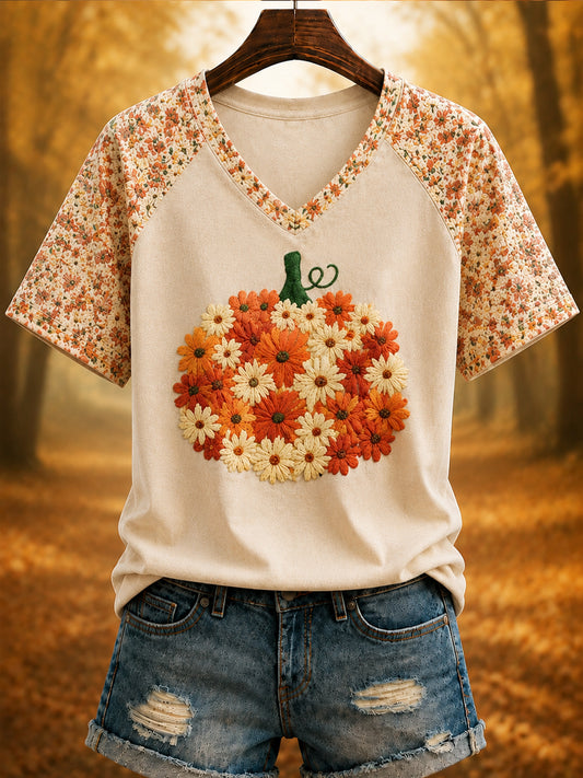 T-shirt col en V imprimé automne femme