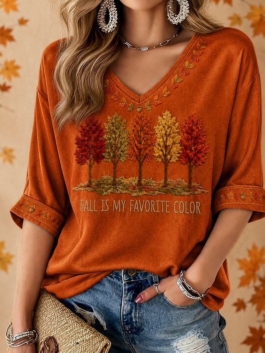 Les femmes de l'automne est ma couleur préférée imprimé mi-longueur manches col V T-shirt