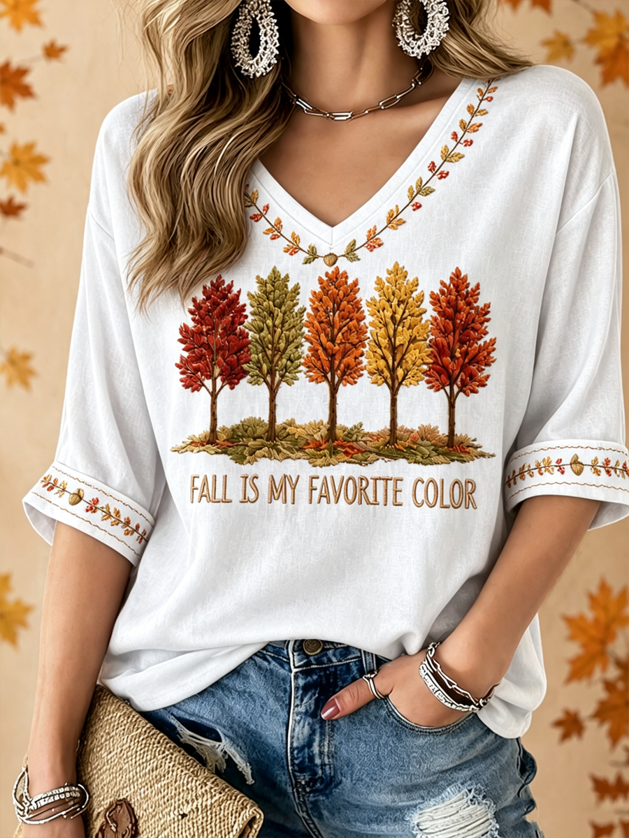 Les femmes de l'automne est ma couleur préférée imprimé mi-longueur manches col V T-shirt