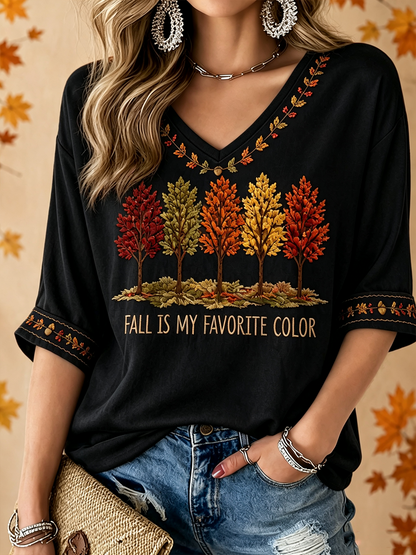 Les femmes de l'automne est ma couleur préférée imprimé mi-longueur manches col V T-shirt