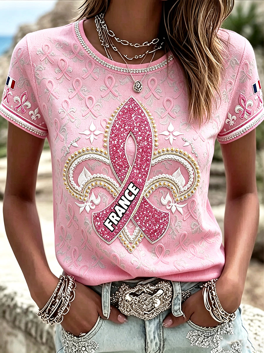 T-shirt décontracté imprimé en 3D avec ruban de cancer du sein français rose pour femme