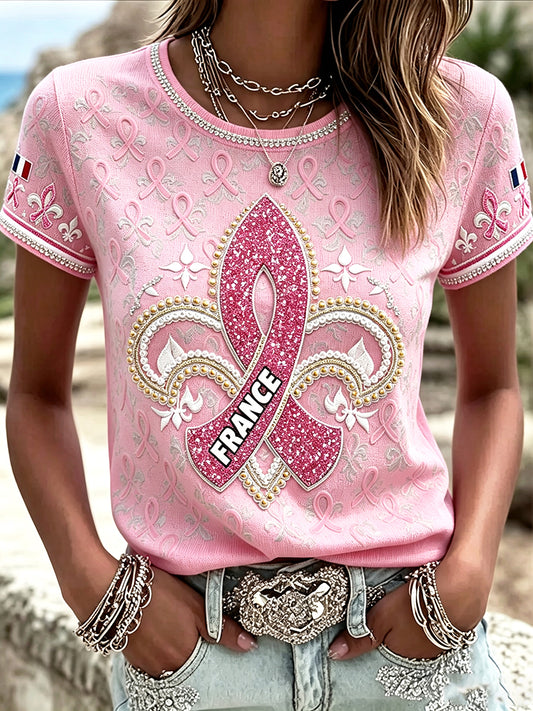 T-shirt décontracté imprimé en 3D avec ruban de cancer du sein français rose pour femme