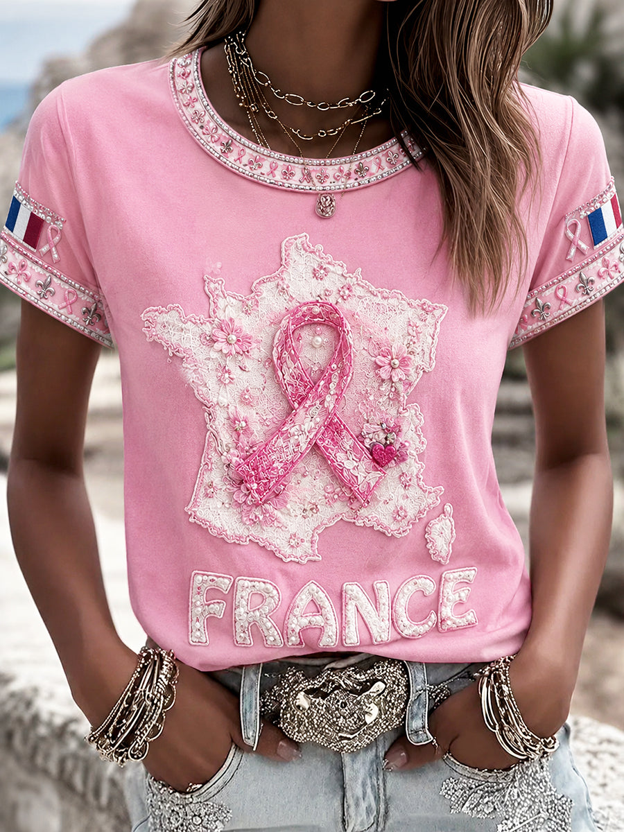 T-shirt décontracté à imprimé de ruban de cancer du sein français rose pour femme