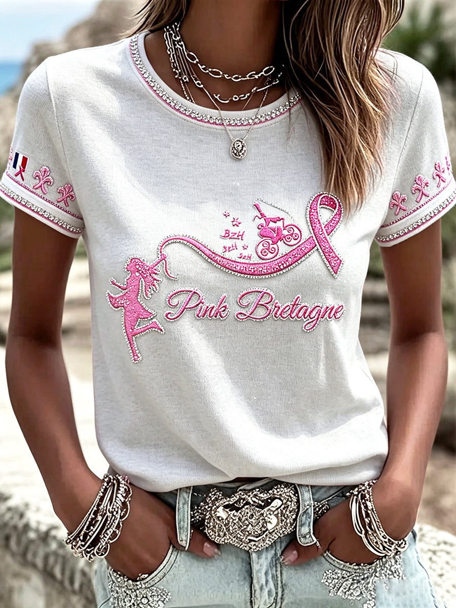 T-shirt Décontracté Femme Blanc Style Breton Cancer Du Sein Ruban Imprimé