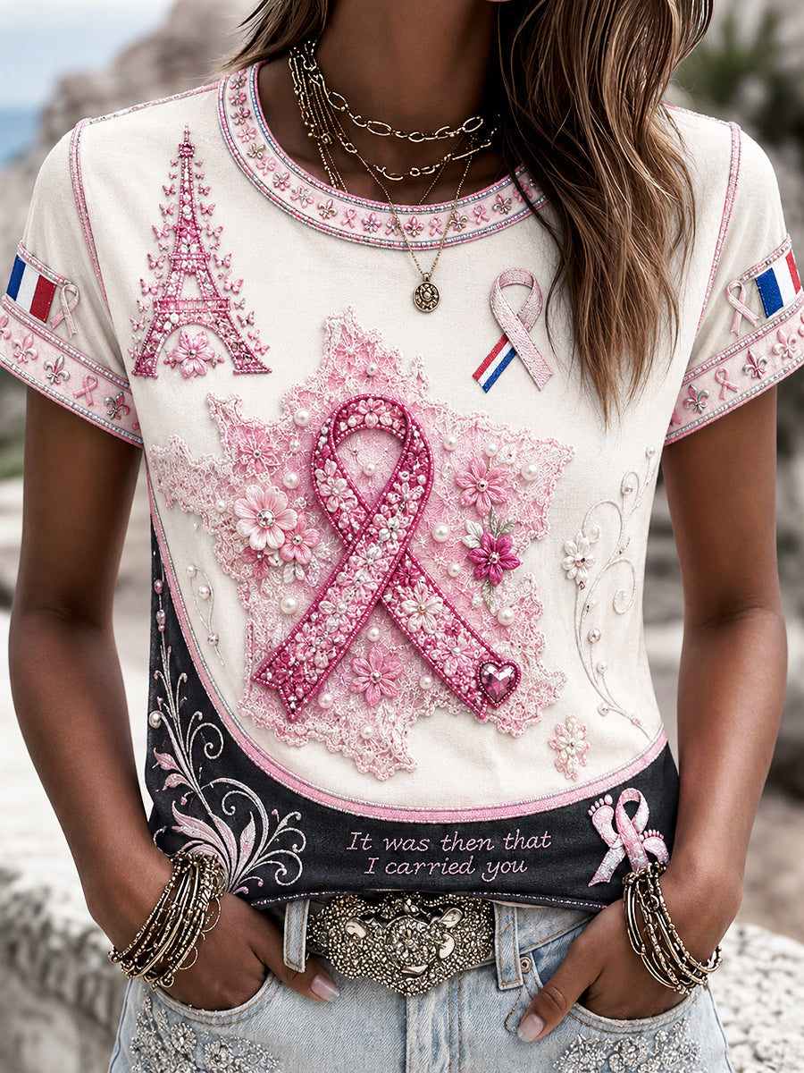 Femmes Blanc Français Du Cancer Du Sein Ruban Patchwork Imprimer T-shirt Décontracté