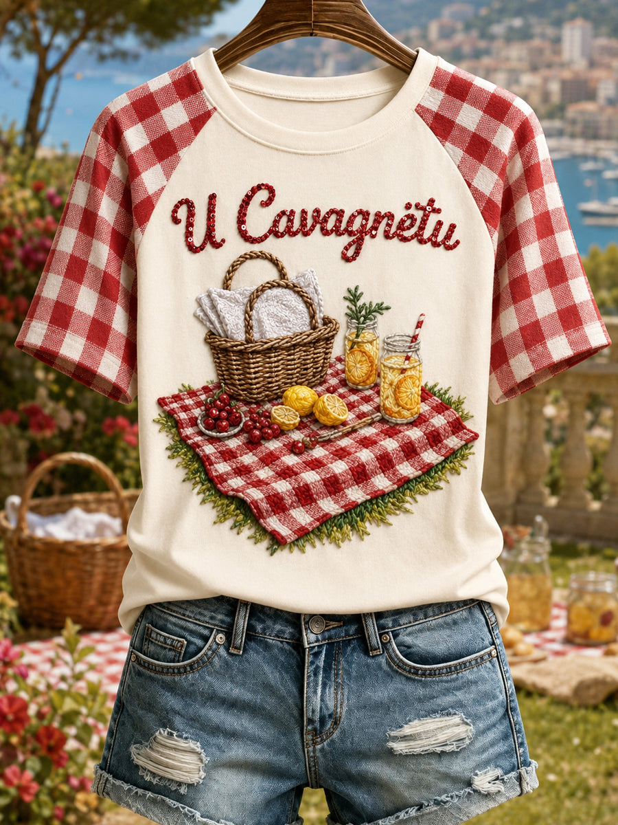T-shirt femme Cavagnëtu à imprimé vintage, mode ample à manches courtes
