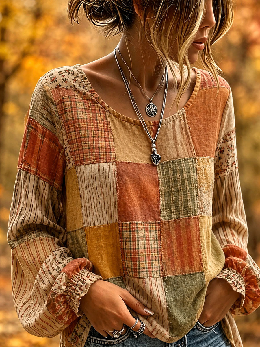 Chemise d’automne pour femme en patchwork artistique