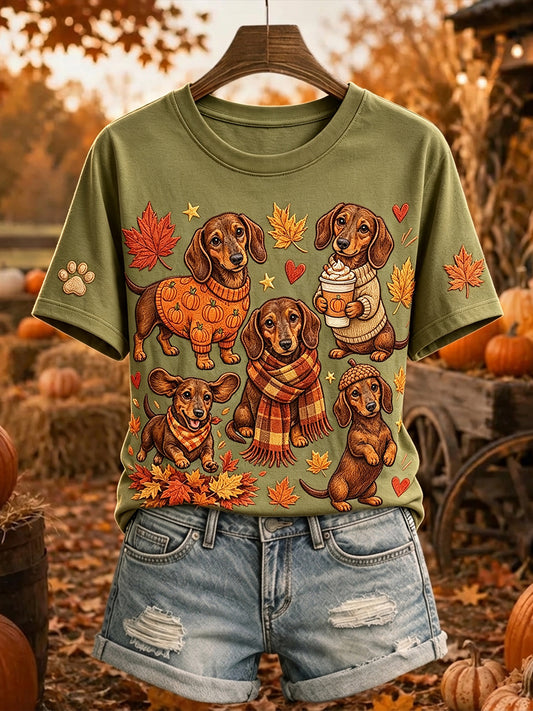 Femmes belle automne teckel imprimer col rond T-shirt à manches courtes
