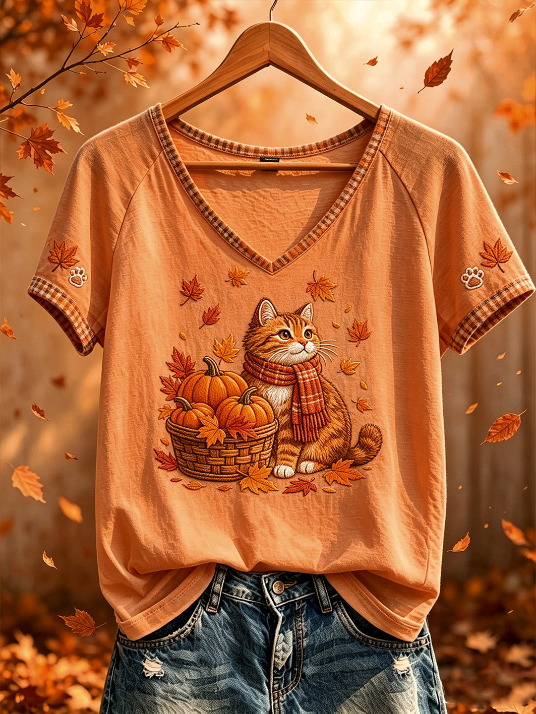 T-shirt à manches courtes décontracté imprimé à motif de chat et de feuilles tombées pour femmes