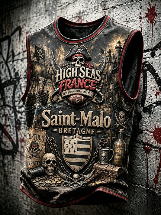 Gilet ample vintage pour homme, imprimé Fête des pirates de Saint-Malo, Bretagne, France