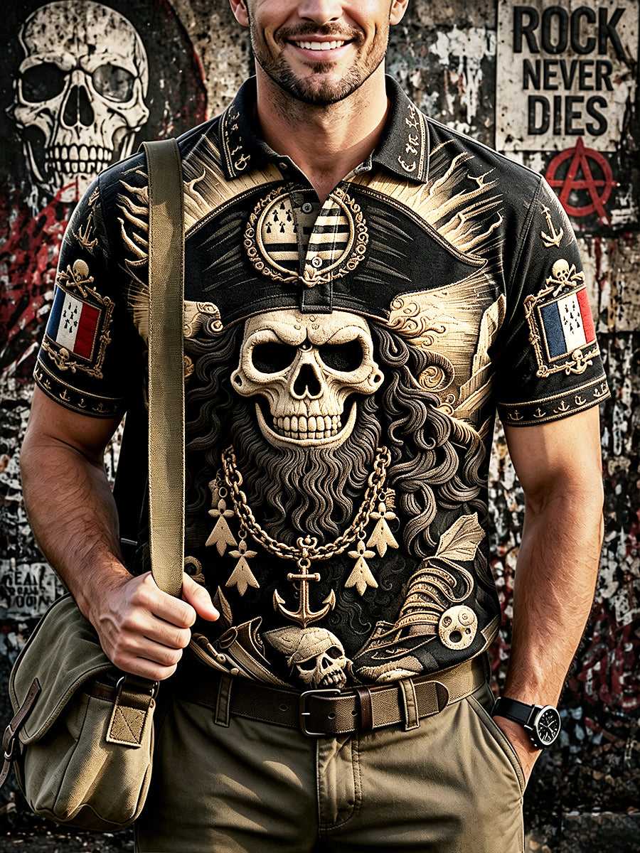 Vintage Noir Breton Pirate Graffiti Imprimer Polo Casual Homme