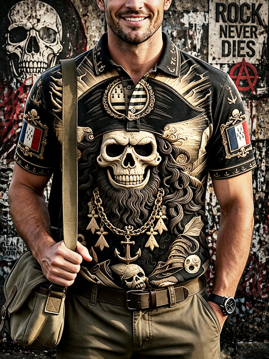 Vintage Noir Breton Pirate Graffiti Imprimer Polo Casual Homme