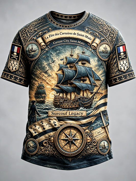 Polo Homme Décontracté Rétro Bretagne Française Imprimé Pirate Vert