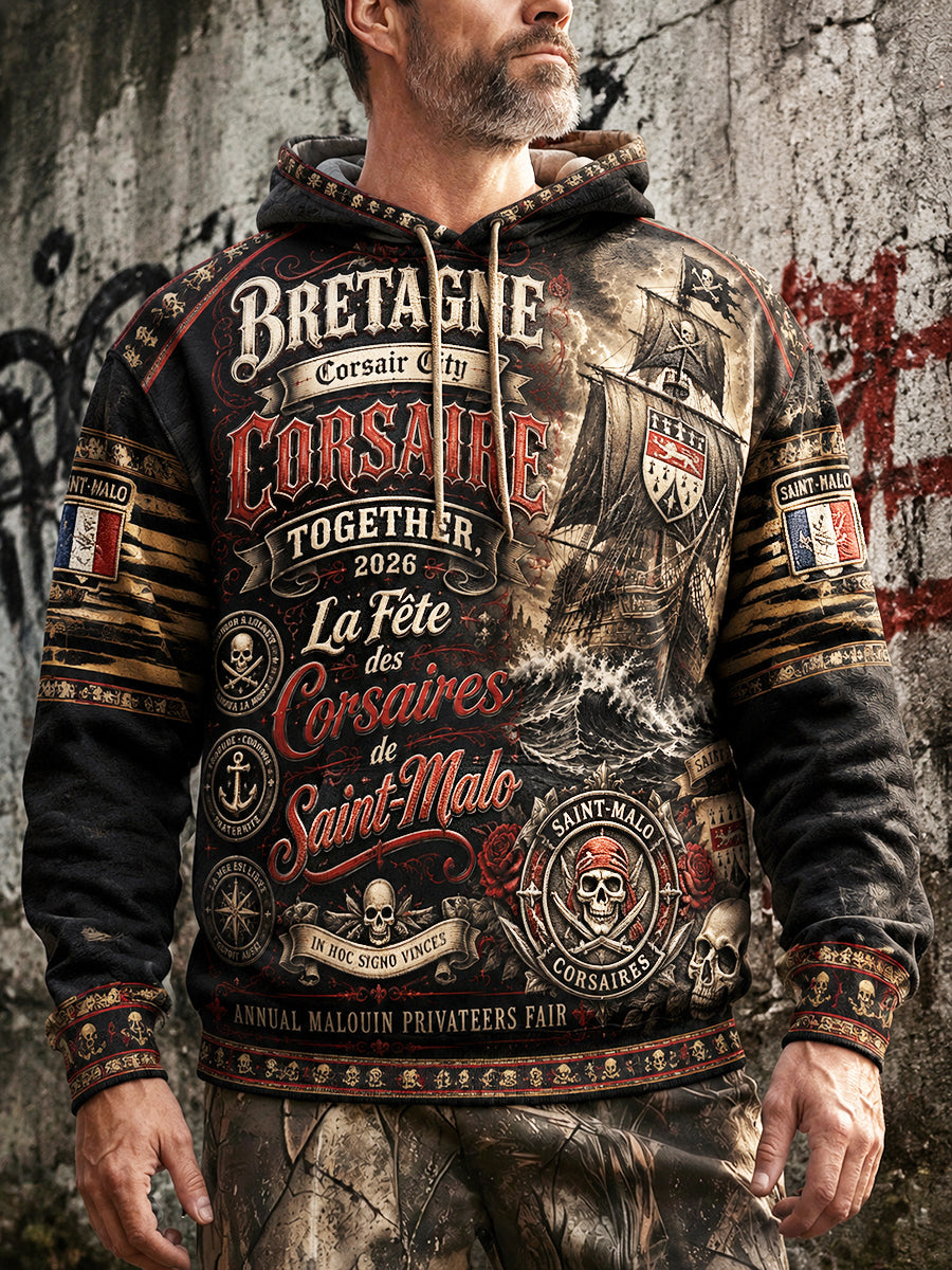 Sweat-shirt à capuche décontracté à imprimé rétro pirate français pour homme