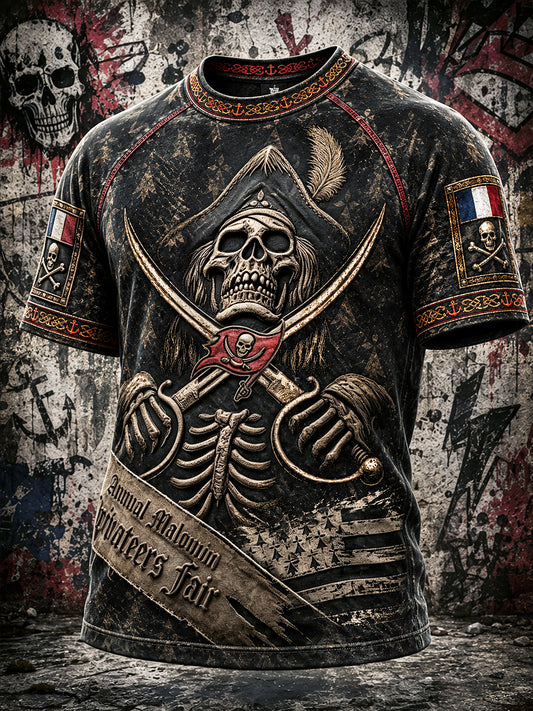 T-shirt Homme Noir Breton Français Pirate Style Gothique Imprimé Décontracté