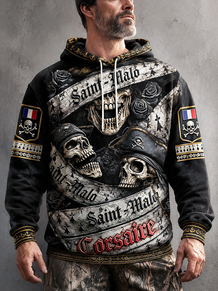 Sweat à capuche décontracté imprimé gothique pirate français noir pour homme
