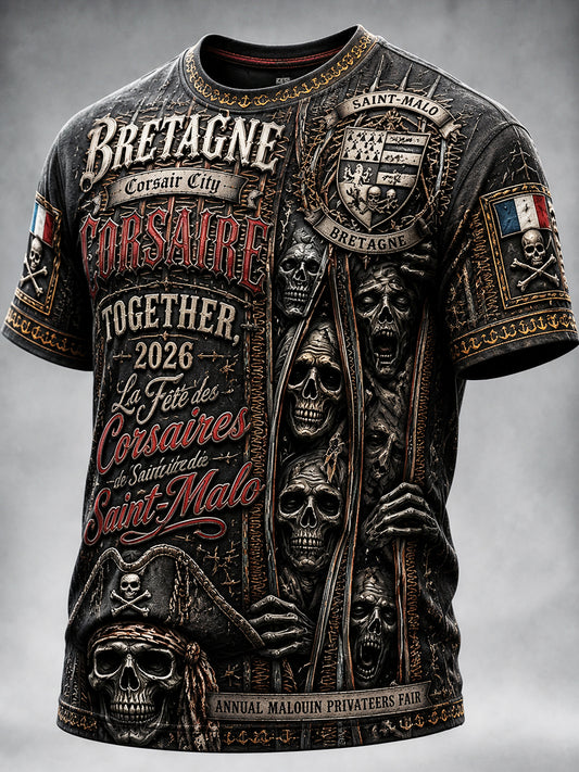 T-shirt décontracté imprimé de style gothique Pirate Bretagne française pour homme