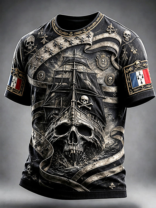 T-shirt décontracté à imprimé rétro pirate de Bretagne française pour hommes