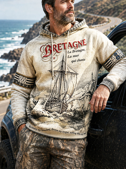Sweat à capuche décontracté vintage pour homme, blanc cassé, imprimé Bretagne française