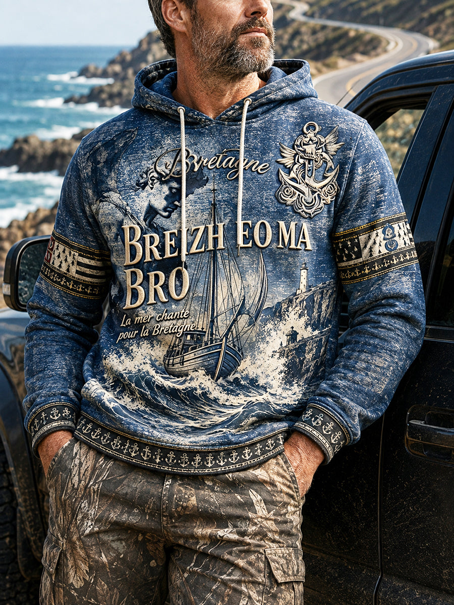 Sweat-shirt décontracté à capuche pour homme, bleu foncé, imprimé breton français
